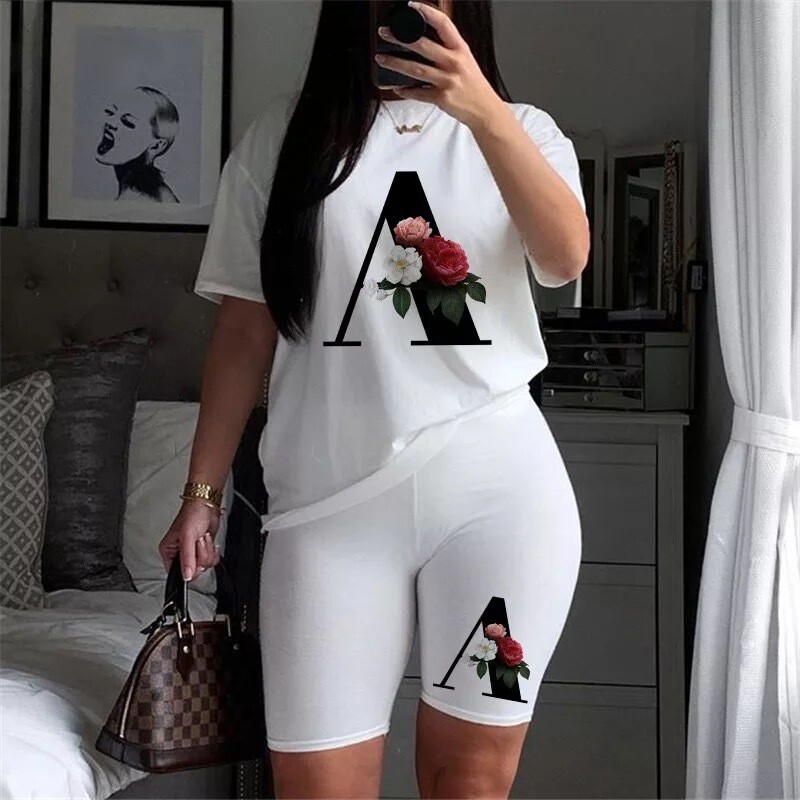 White Two Piece with Floral Letters