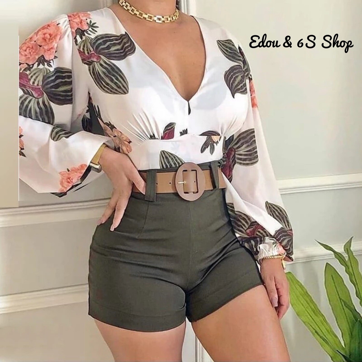 V neck tropical print outfit set