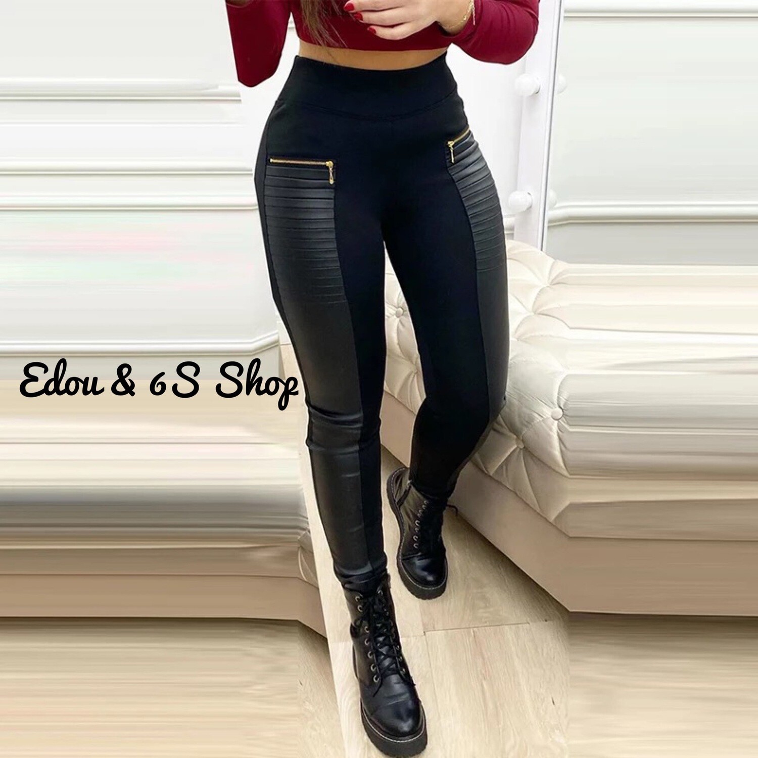 Cbrstyle PU leather zipper design high waist pants