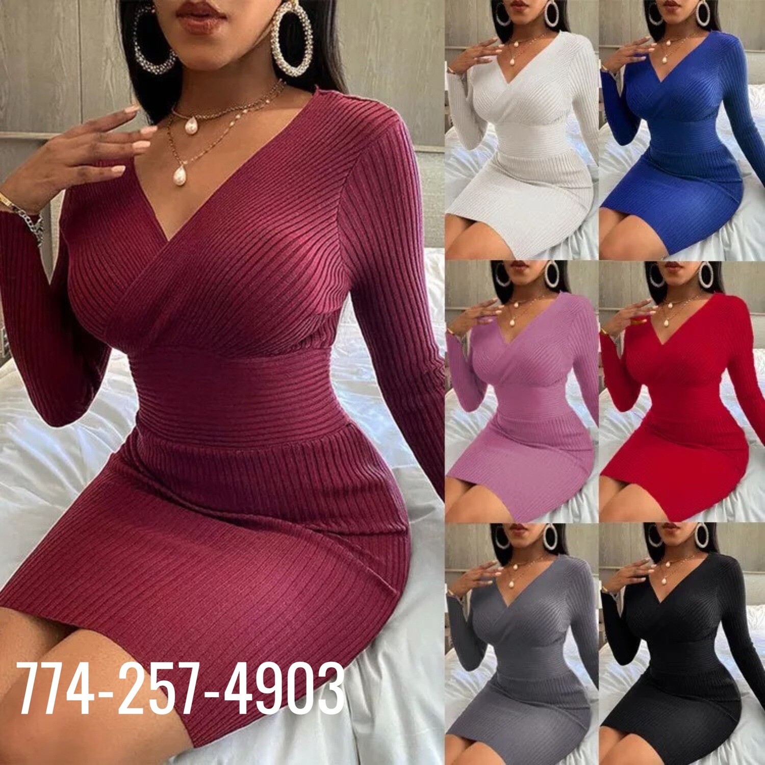 Thread deep V neck wrap long and short sleeves dress