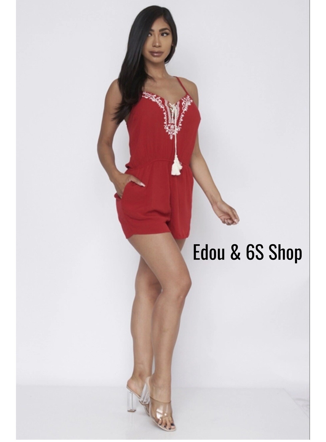 Red Embroidered Romper