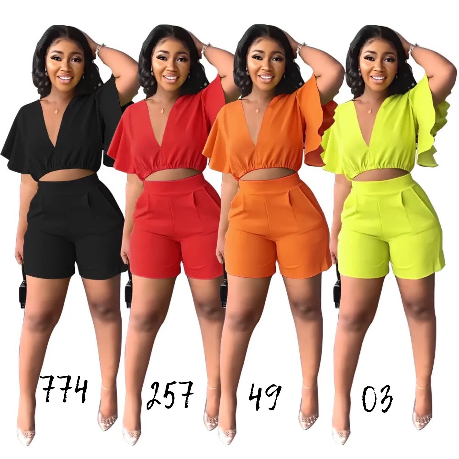 Ruffle short V-neck top ladies two pieces sets