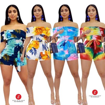 Summer off shoulder ruffle short jumpsuit