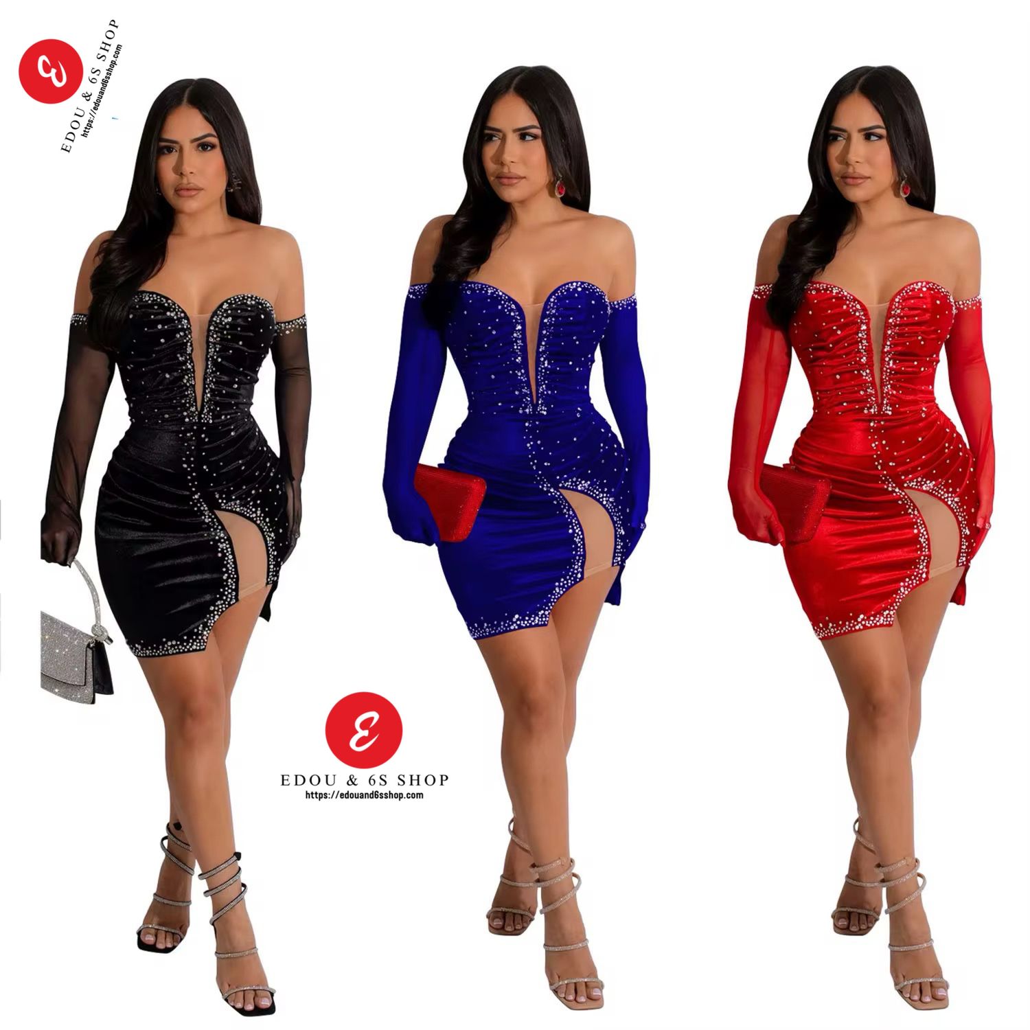 Sexy rhinestone dress with long sleeve gloves