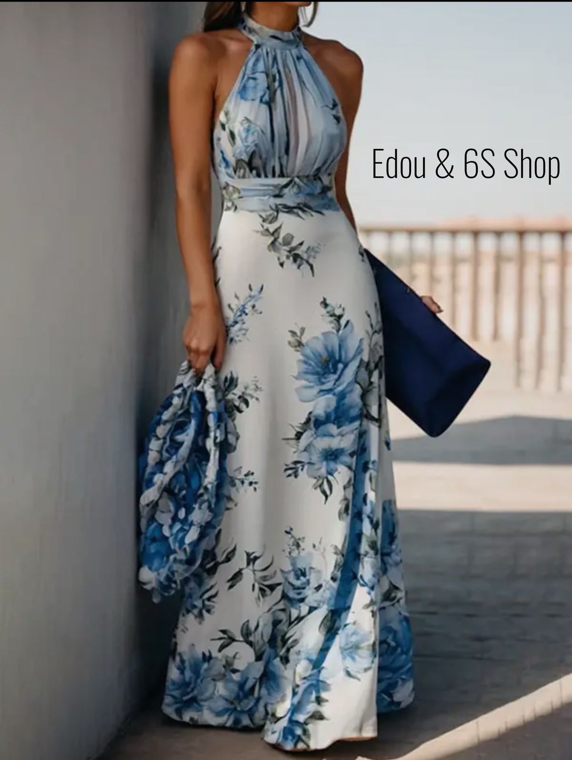 Floral pleated halter neck dress