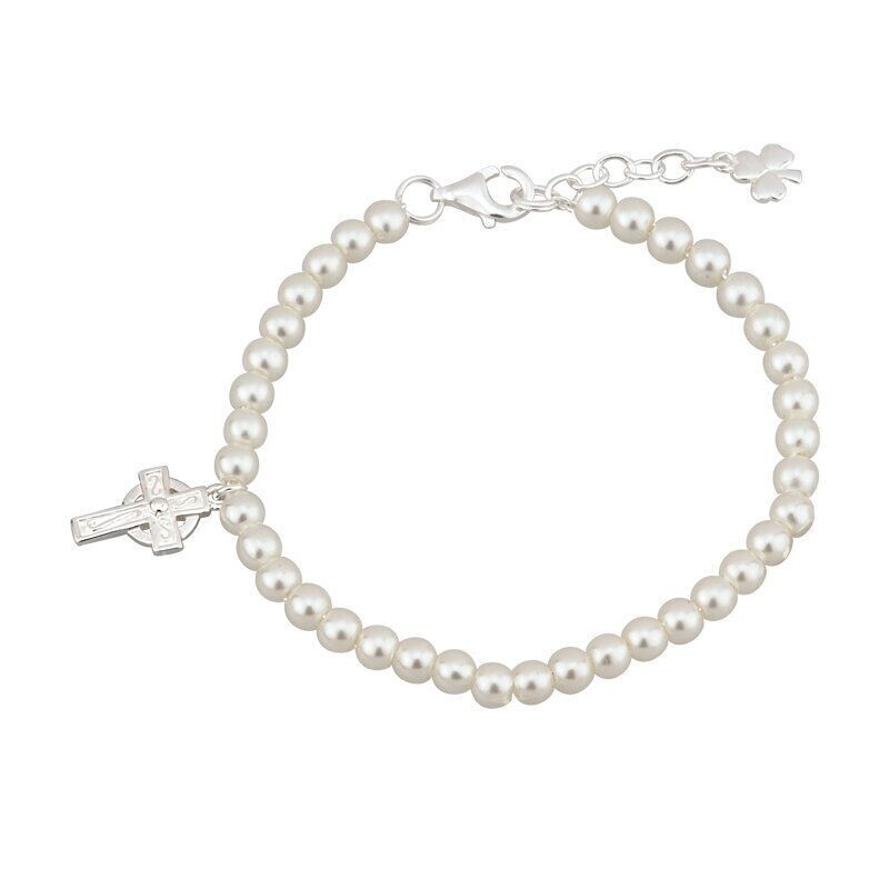 Rhodium Plated Pearl and Celtic Cross Bracelet