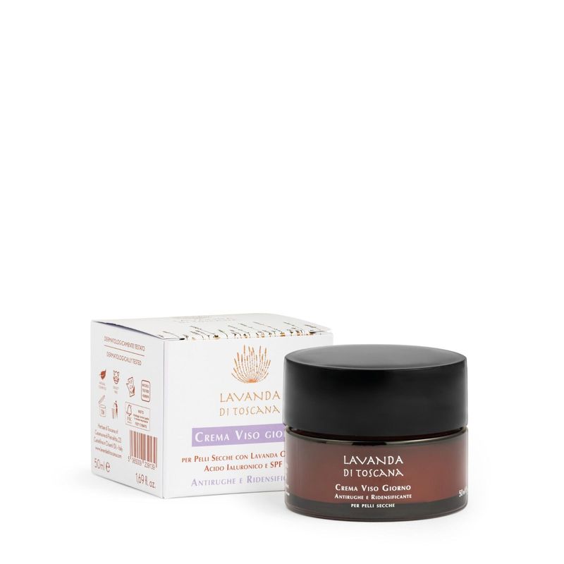 Bio-Redensifizierende Tagescreme für trockene Haut mit Lavendel, Hyaluronsäure und LSF 30. Anti-Falten-Creme.