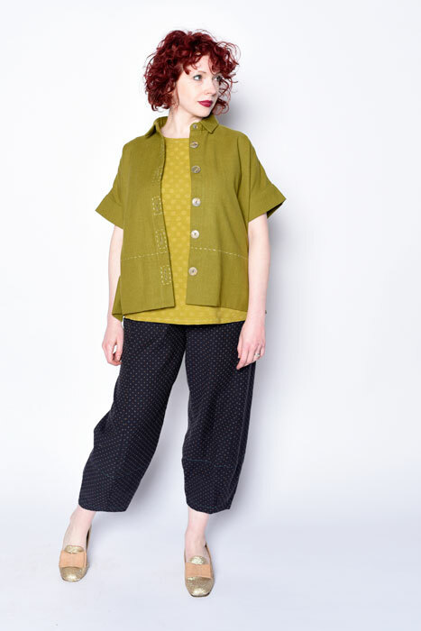 Cottage shirt made in a heavy woven cotton. Worn open over a MixIt Tank and Picasso Pants