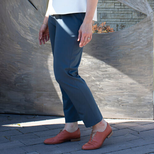 The Helix Pants made in blue medium-weight Ponte knit. 