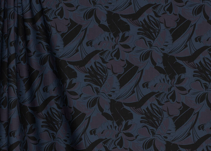 Cotton/Lycra - Slate Blue, Black, & Eggplant Tropical Cotton/Lycra - Slate Blue, Black, & Eggplant Tropical