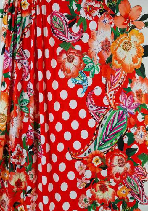 Jersey Knit Viscose - Hot Red Floral Border Jersey Knit Viscose - Hot Red Floral Border
