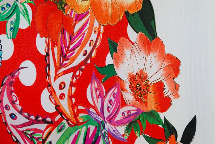 Jersey Knit Viscose - Hot Red Floral Border Jersey Knit Viscose - Hot Red Floral Border