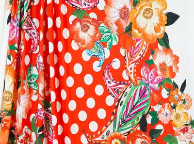 Jersey Knit Viscose - Hot Red Floral Border 5-924-9