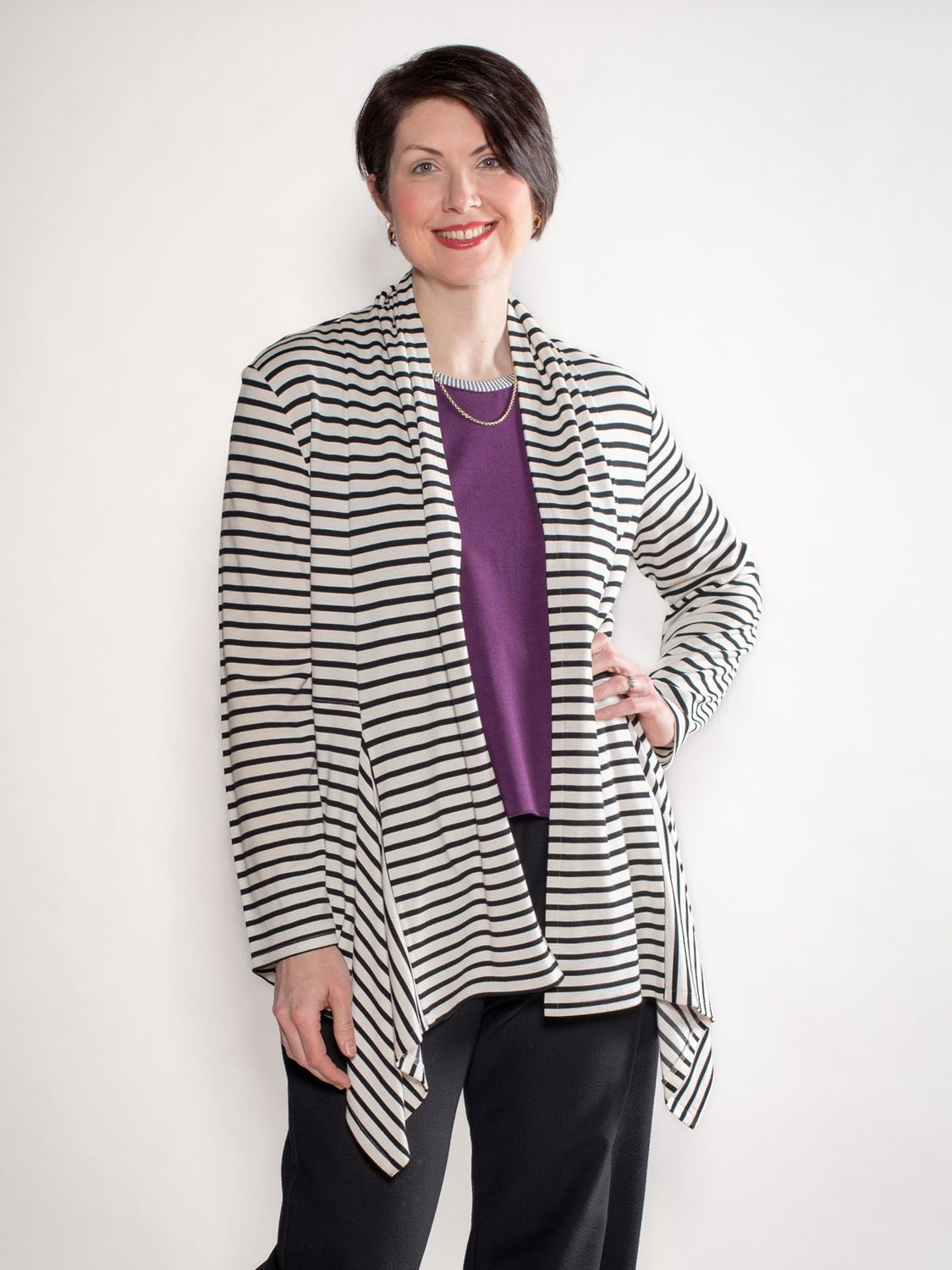 Ann's Cardigan in black and white striped knit and Tank in purple knit