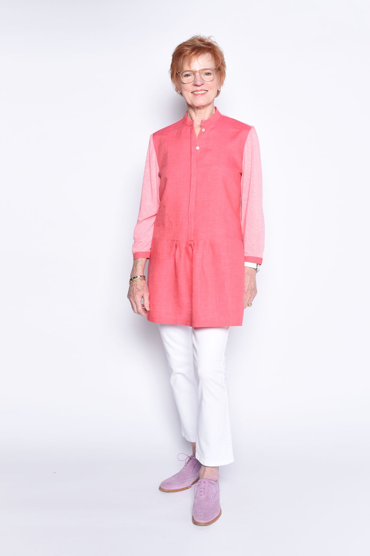 The Berwick St. Tunic with a linen bodice and jersey knit sleeves and back.