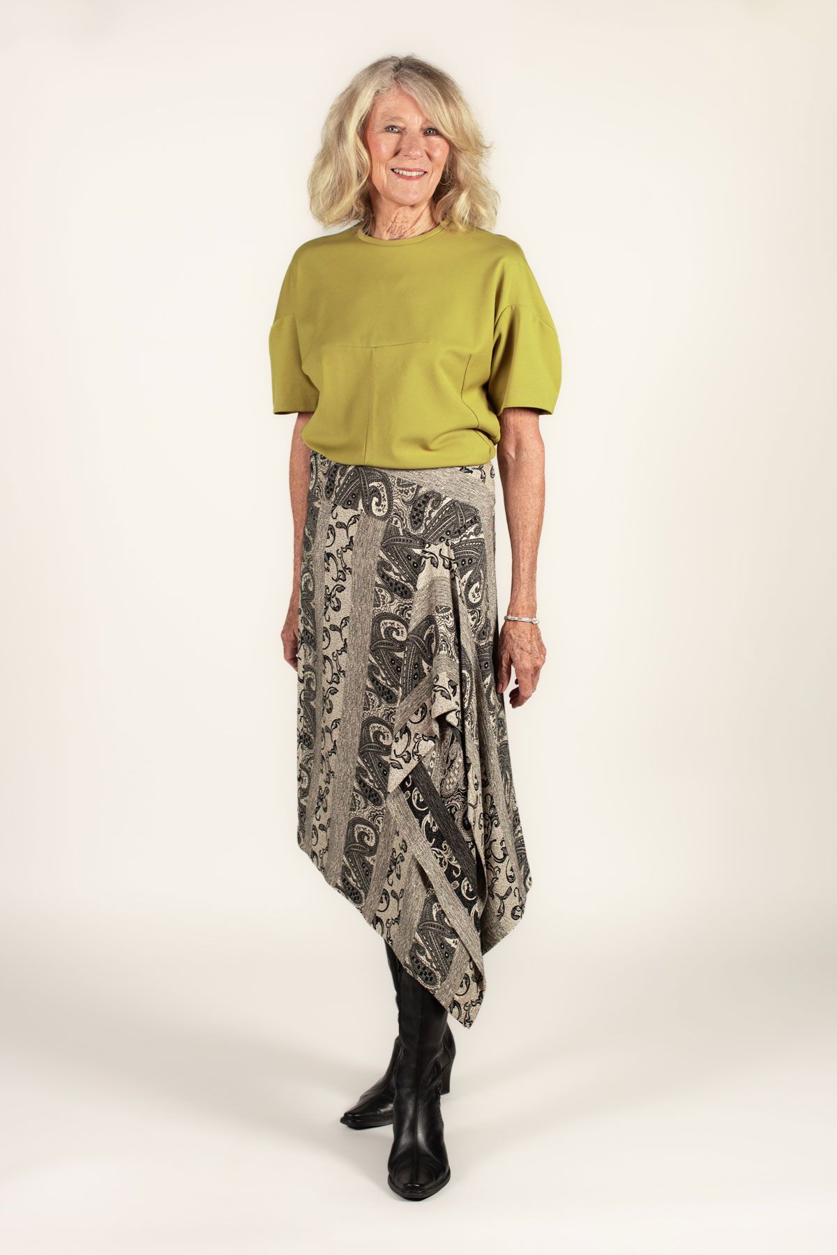 The Contour Top made in a lightweight Ponté knit fabric. Worn with the Lotus Skirt. 