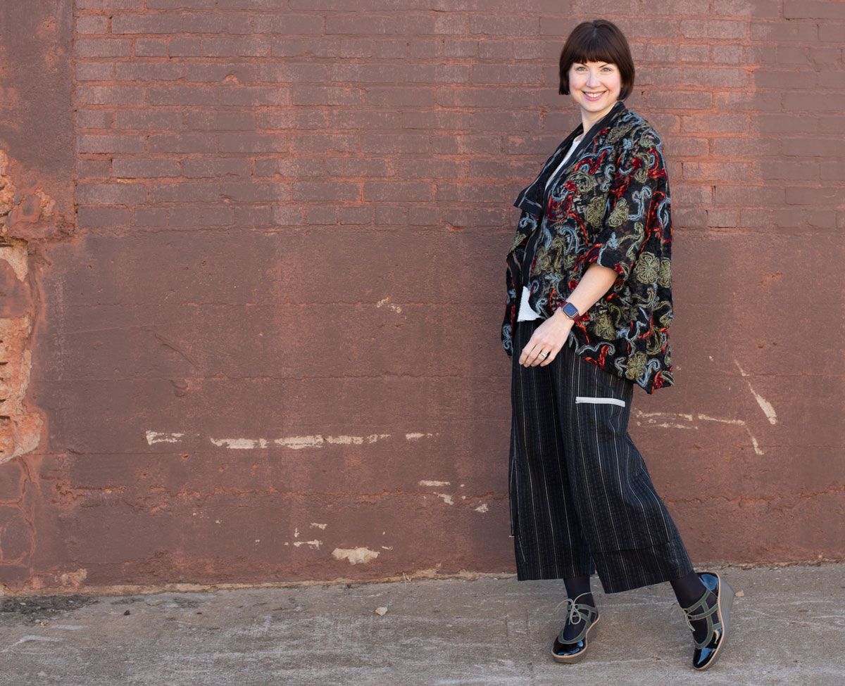 The Deja Vu wrap worn with the Trio Pants. 