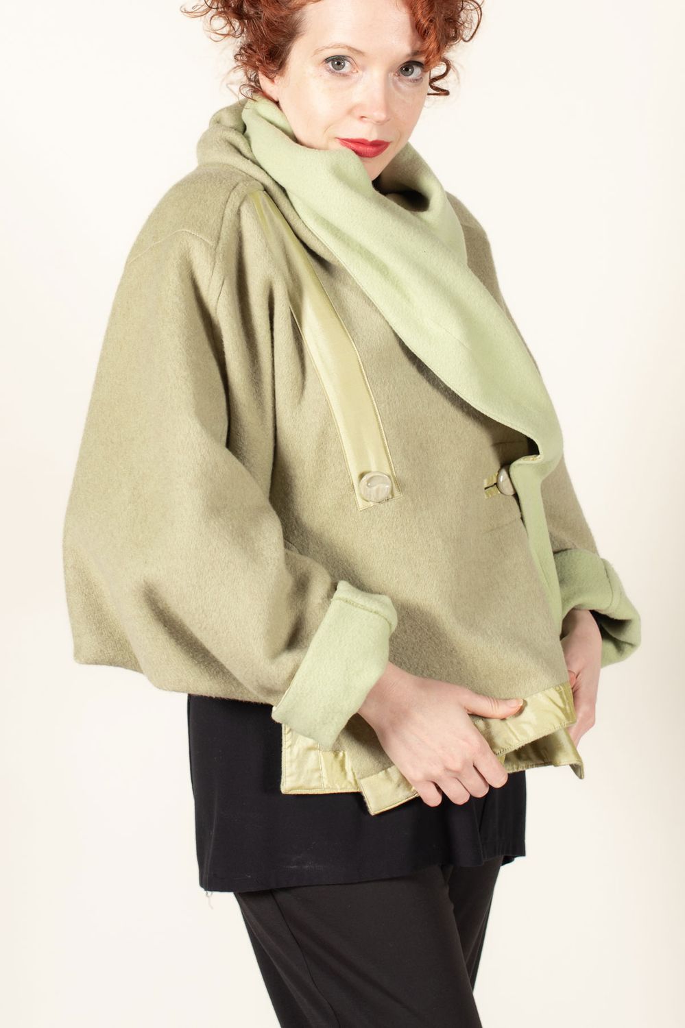 The Equinox made in a pear green double sided wool fabric. 