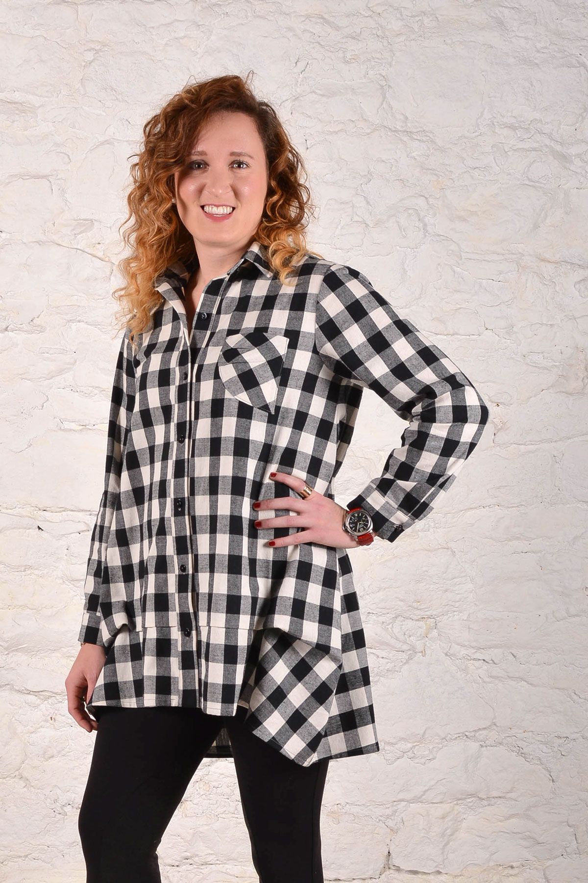 The Florence Shirt made in a black and white gingham check fabric. 
