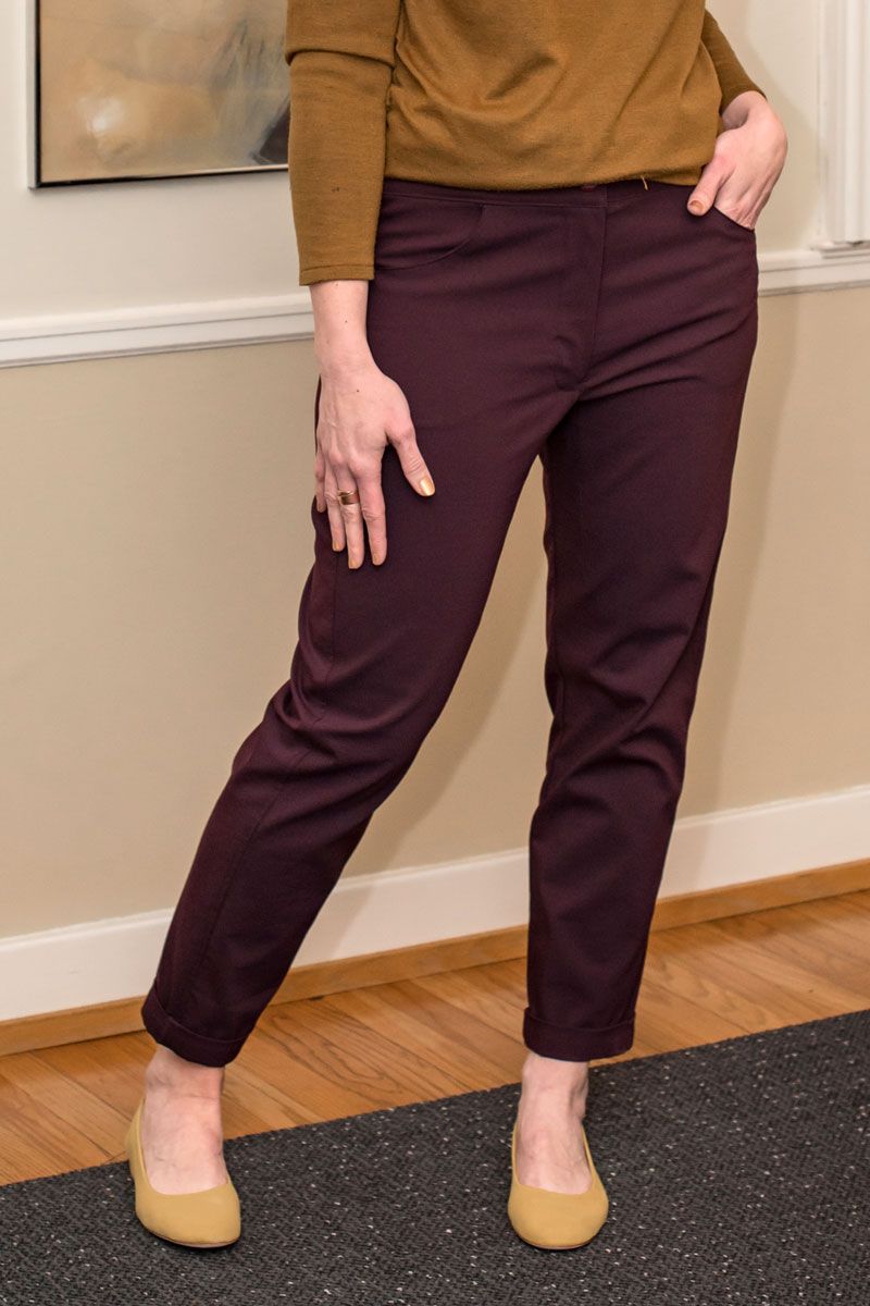 The Getaway Jeans made in burgundy twill fabric. 