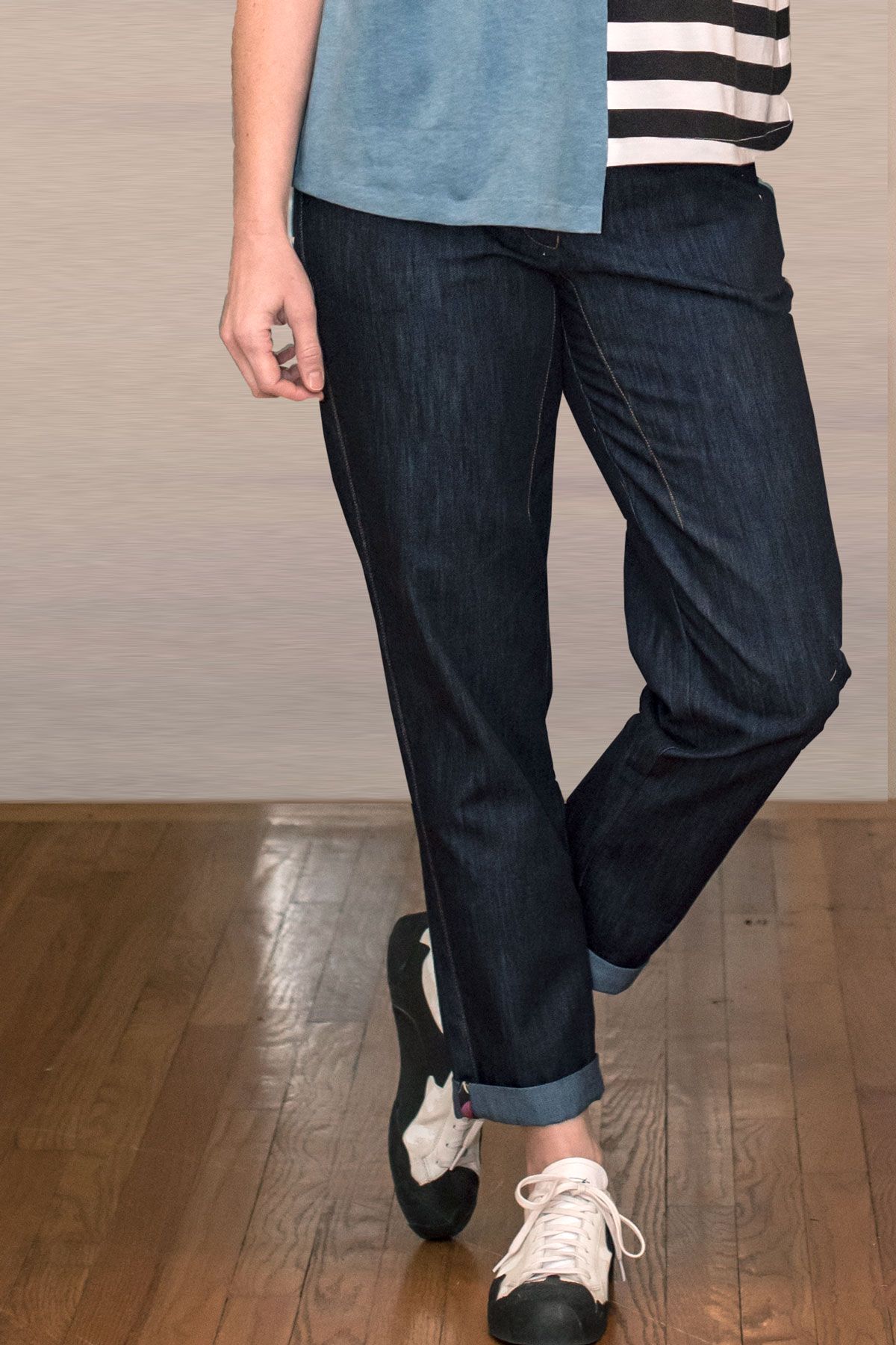The Getaway Jeans made in dark blue denim fabric. 