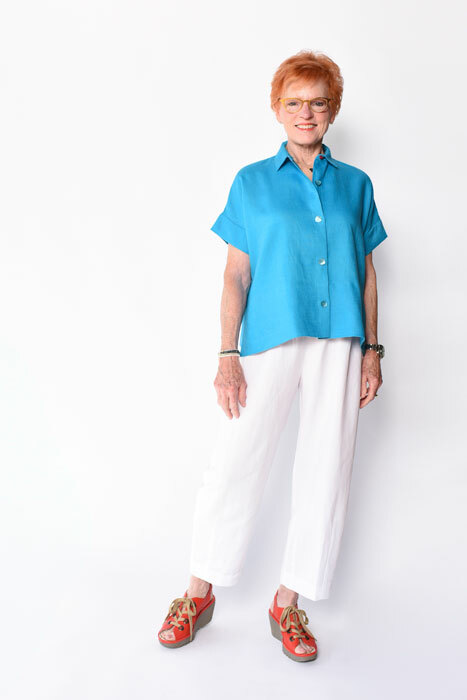 The Cottage Shirt made in turquoise linen. Worn with the Hudson Pants. The Cottage Shirt made in turquoise linen. Worn with the Hudson Pants.