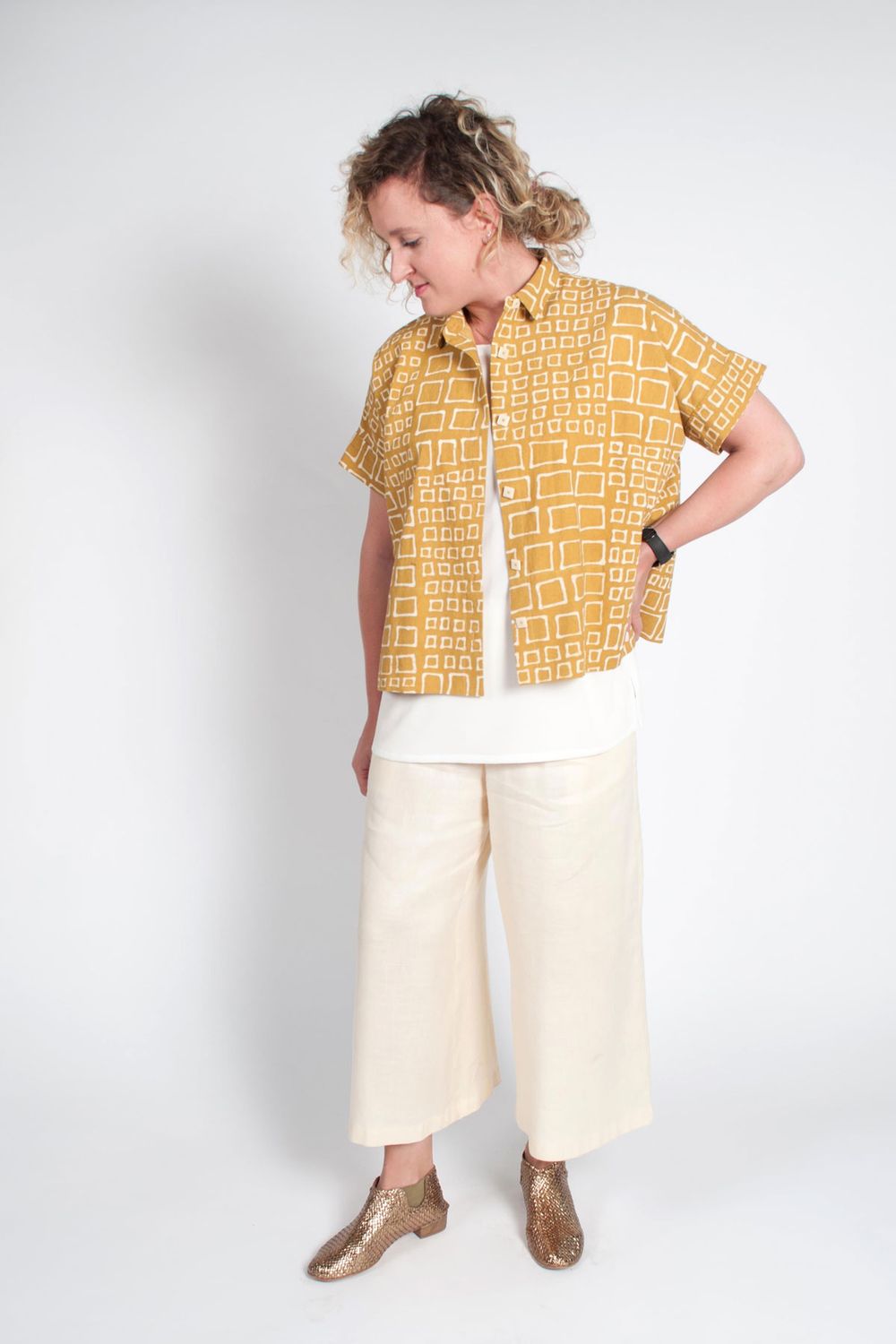 The Cottage Shirt worn over a MixIt Tank with the West End Pants. 