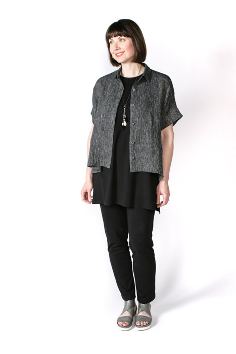 The Cottage Shirt made in black cotton gauze fabric, worn with the MixIt Tank and Pencil Pants. The Cottage Shirt made in black cotton gauze fabric, worn with the MixIt Tank and Pencil Pants.