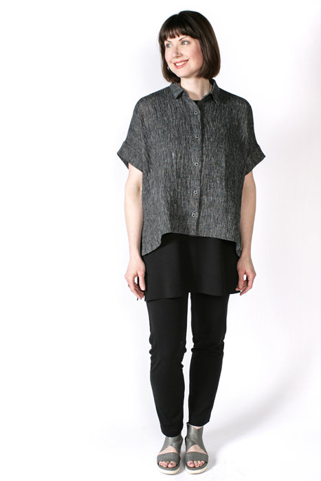 Side view of the Cottage Shirt made in black cotton gauze fabric, Side view of the Cottage Shirt made in black cotton gauze fabric,