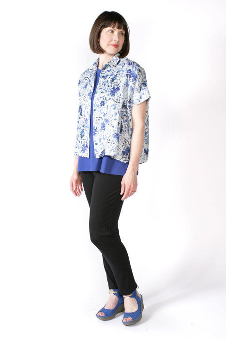 The Cottage Shirt made in floral linen fabric, worn with the Swing Tee and Pencil Pants. The Cottage Shirt made in floral linen fabric, worn with the Swing Tee and Pencil Pants.