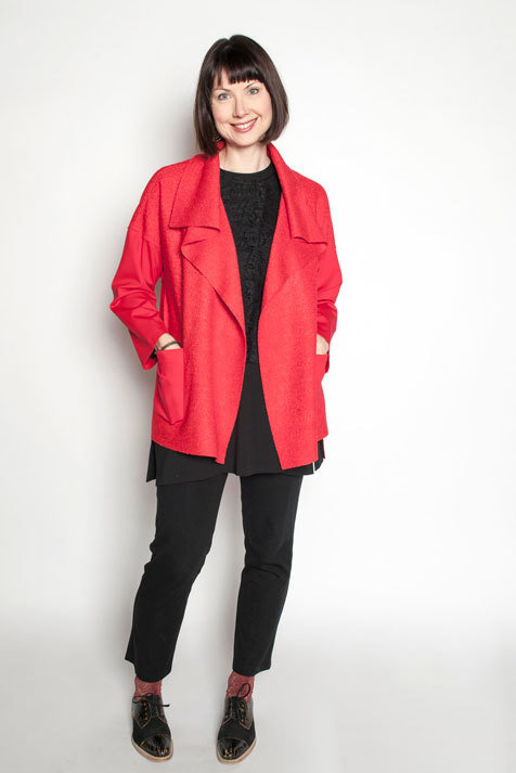 The Flatiron Jacket made in red wool boucle fabric. 