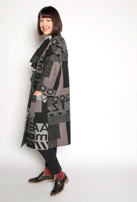 Side view of the Flatiron Coat made in a print boiled wool. 