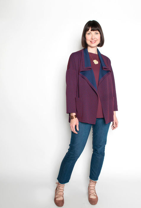 The Flatiron Jacket made in a burgundy and navy jacquard knit fabric. 