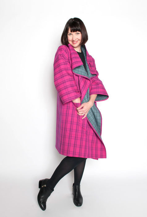The Flatiron Coat made in a double sided pink and grey plaid wool fabric. 