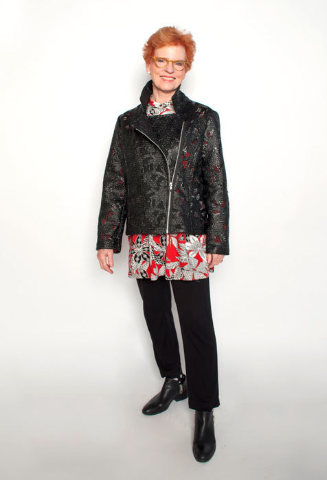 The Brando Jacket in black vinyl lace worn with the Berwick St. Tunic and Pencil Pants. 