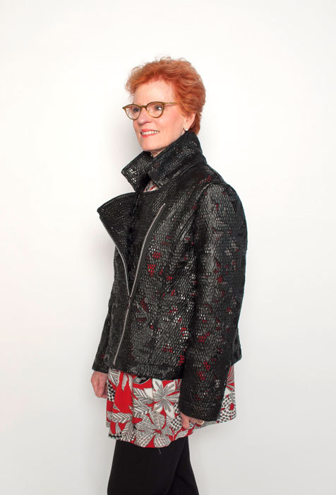 The Brando Jacket in black vinyl lace worn with the Berwick St. Tunic.