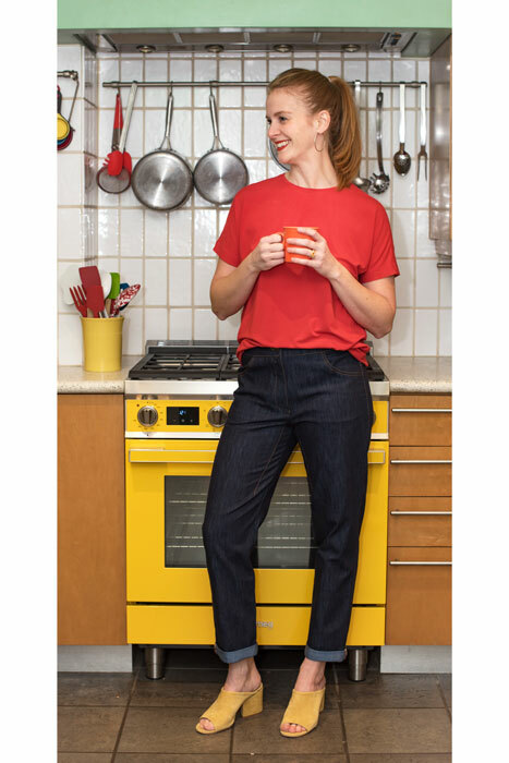 The Getaway Jeans made in dark blue denim, paired with a red Noto Tee. The Getaway Jeans made in dark blue denim, paired with a red Noto Tee.