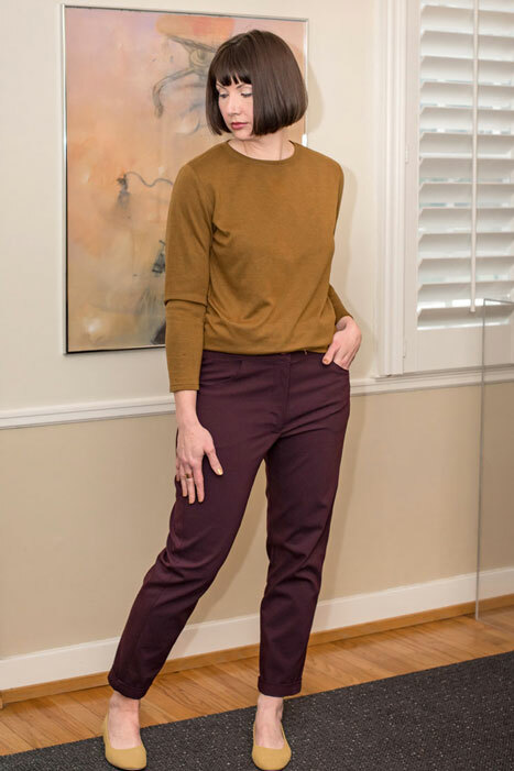 The Getaway Jeans made in burgundy twill fabric. The Getaway Jeans made in burgundy twill fabric.