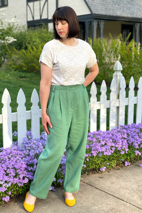 The Hollywood Pants made in green medium-weight linen fabric. 