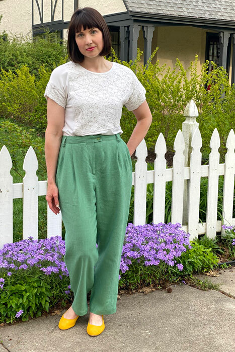 The Hollywood Pants made in green medium-weight linen fabric. 