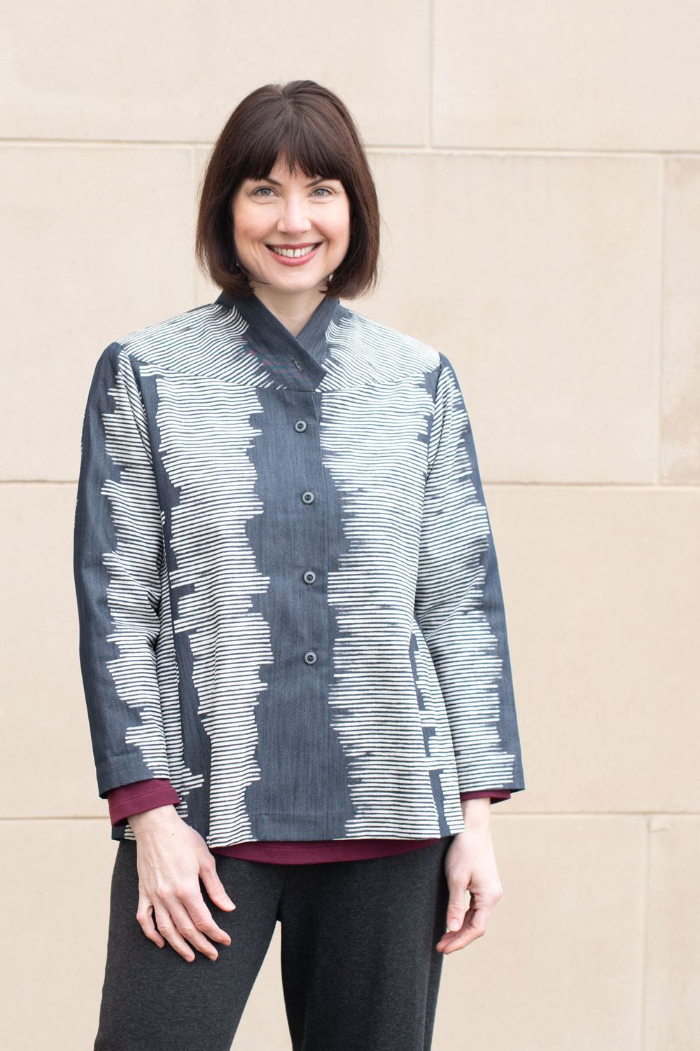 The Detour Jacket made in a printed denim fabric. 