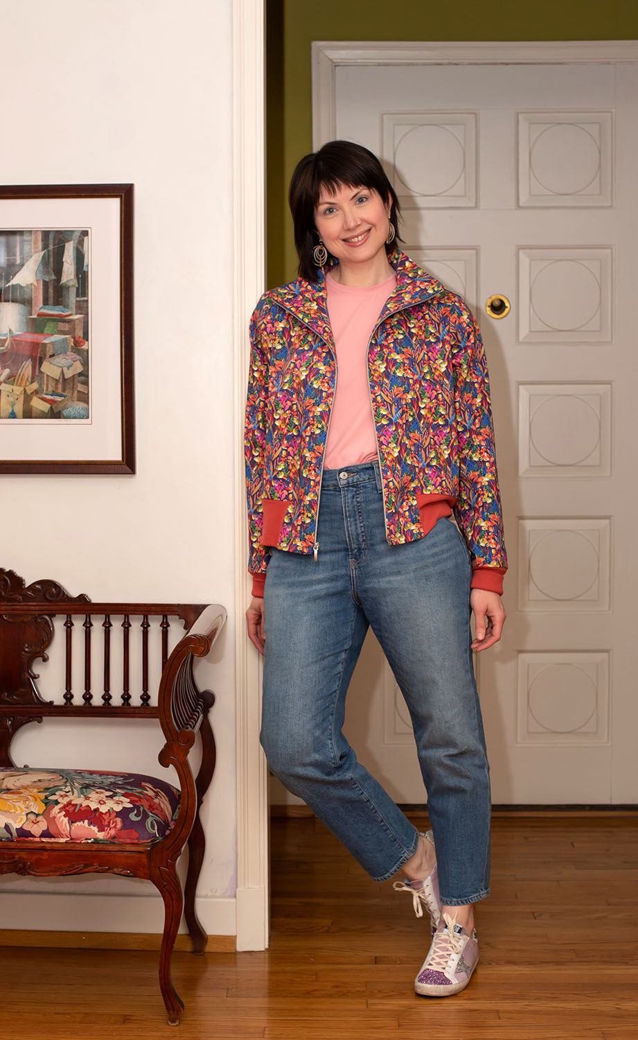 Charlie Bomber Jacket View B in a print cotton canvas. 
