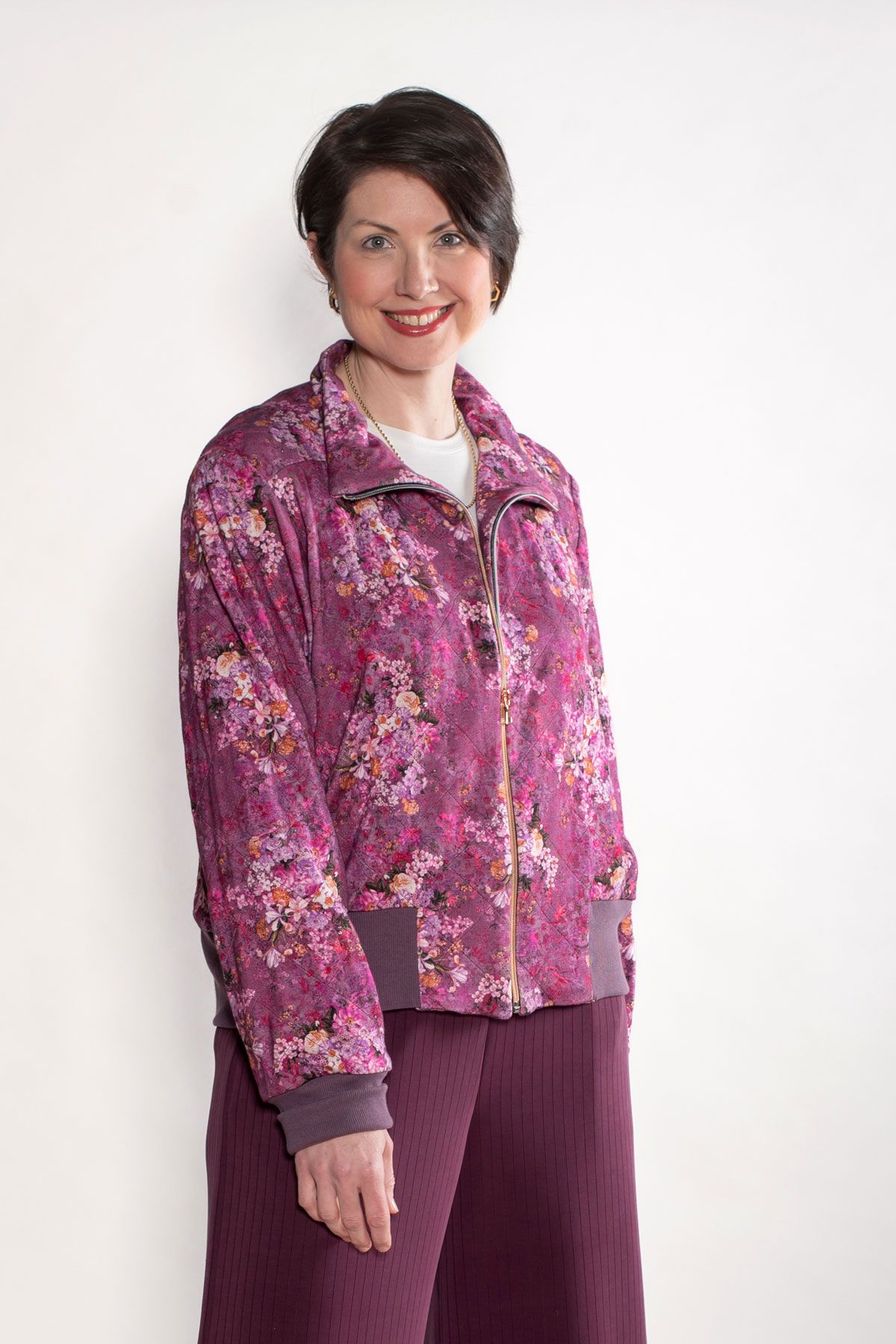The Charlie Bomber in a floral knit. 