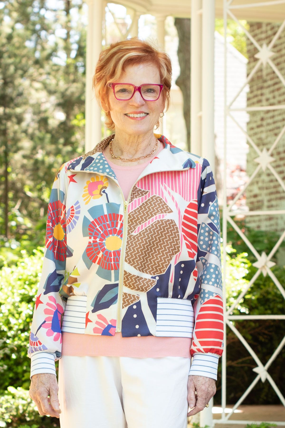 The Charlie Bomber View B made in print silk and striped Ponte knit. 