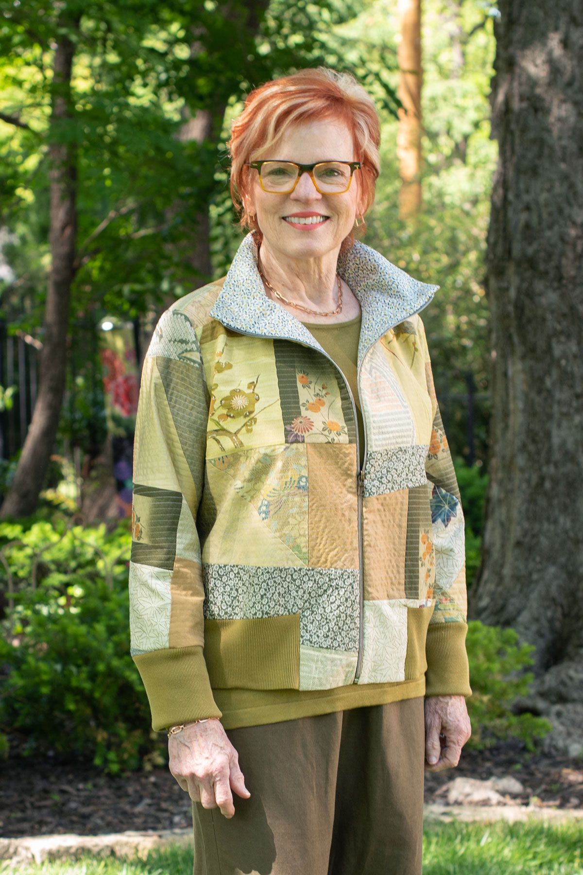 The Charlie Bomber view B made with patchwork vintage kimono fabric. 