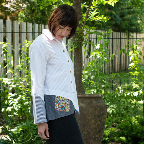 Side view of the Hibiscus Shirt made with three different shirting fabrics. 