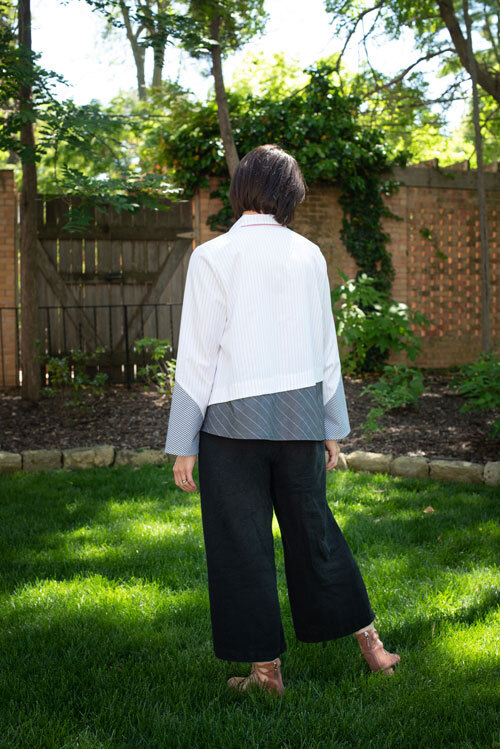 Back view of the Hibiscus Shirt made with three different shirting fabrics. 