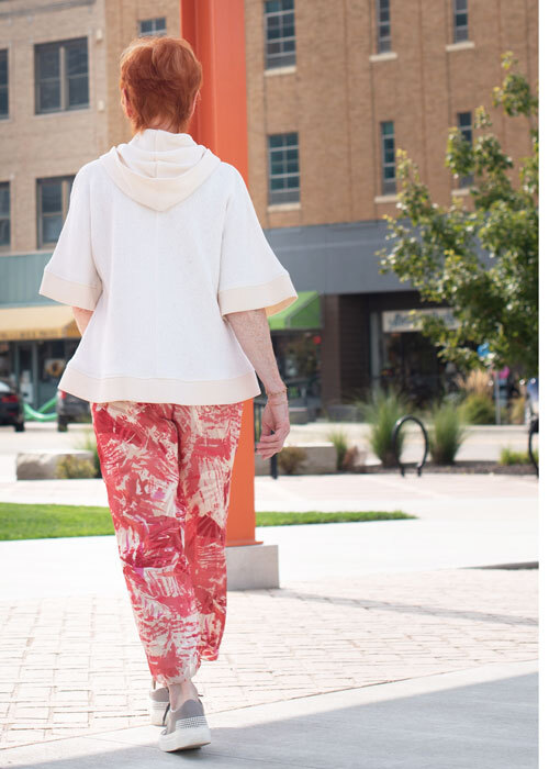 The Chesney Pants made in red print silk fabric. Worn with the West End top. The Chesney Pants made in red print silk fabric. Worn with the West End top.
