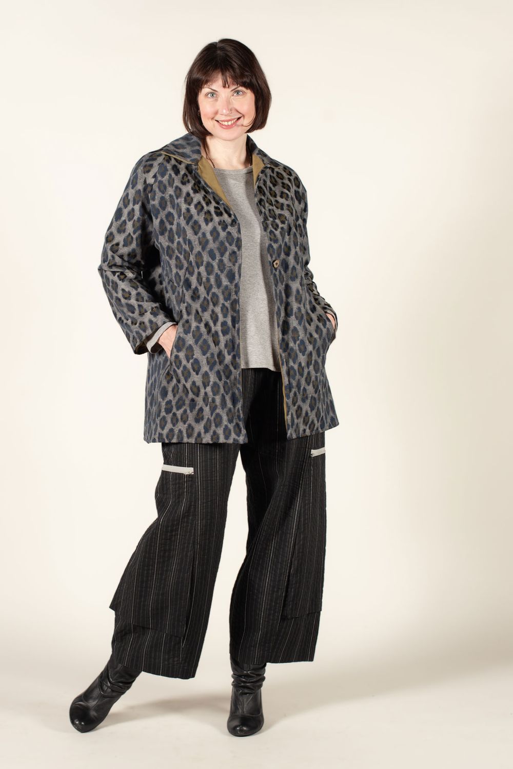 The Chicago Jacket made in a leopard print fabric, worn with the Trio Pants. 