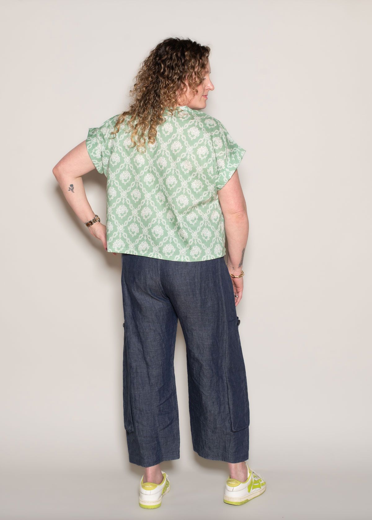 Back view of the Eureka Top made in Liberty of London Tana Lawn woven cotton fabric. Paired with the Trio Pants. 